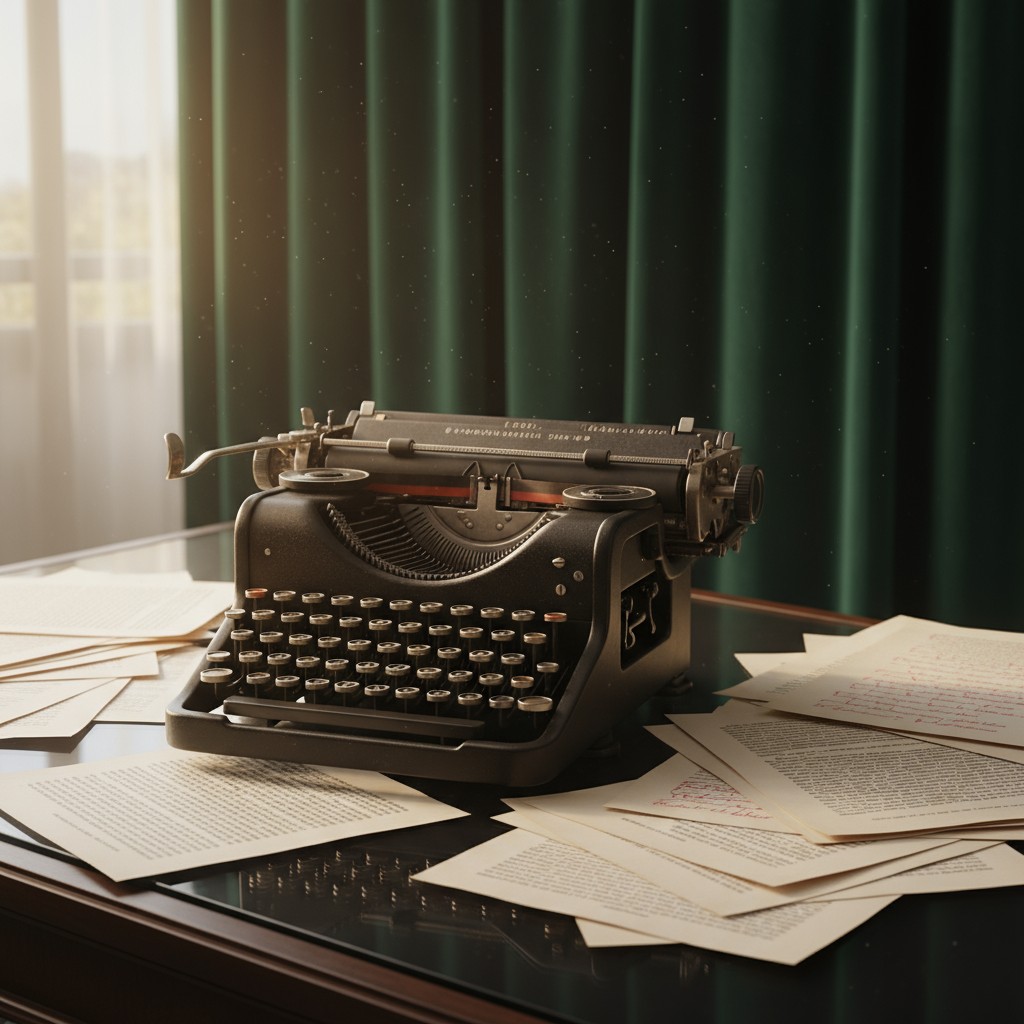 An old-fashioned typewriter and papers scattered across a desk, with a curtain in the background.