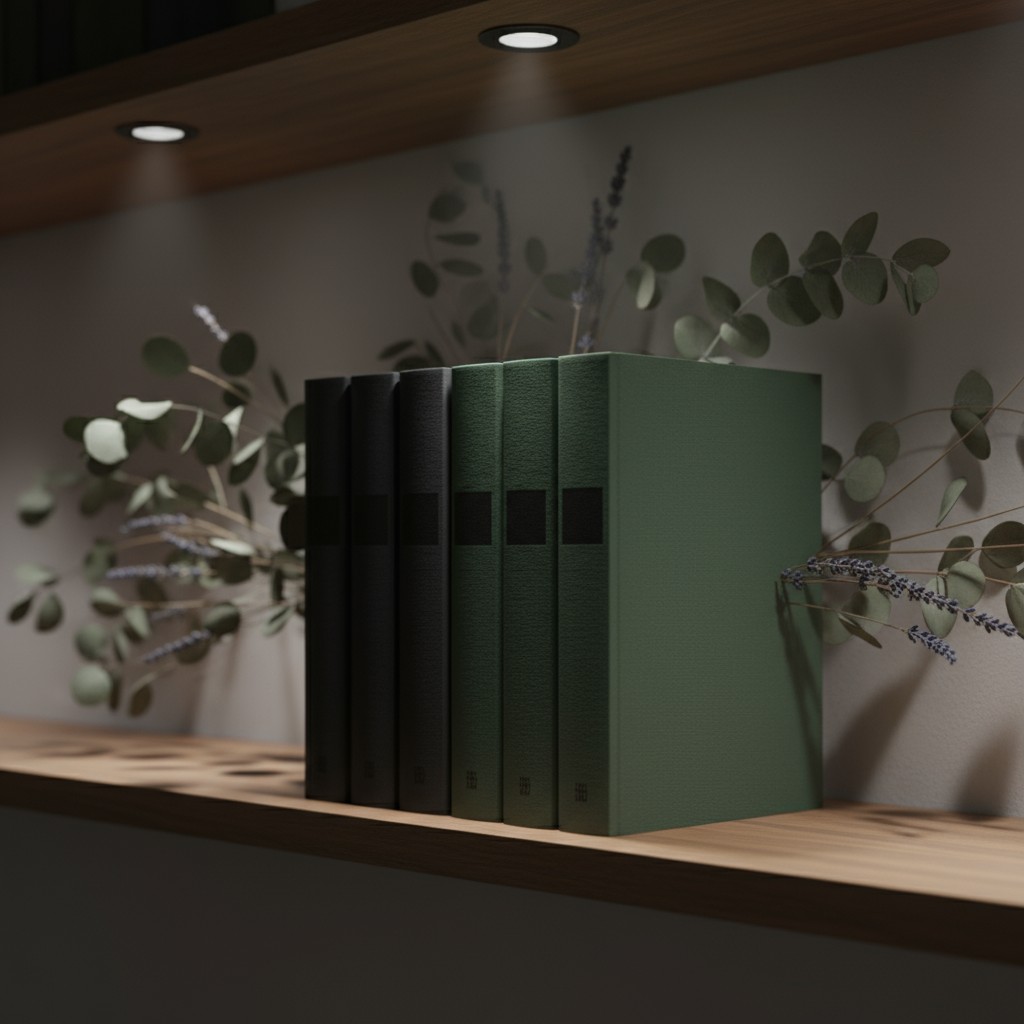 A stack of green and black books on a wooden shelf, surrounded by plants.