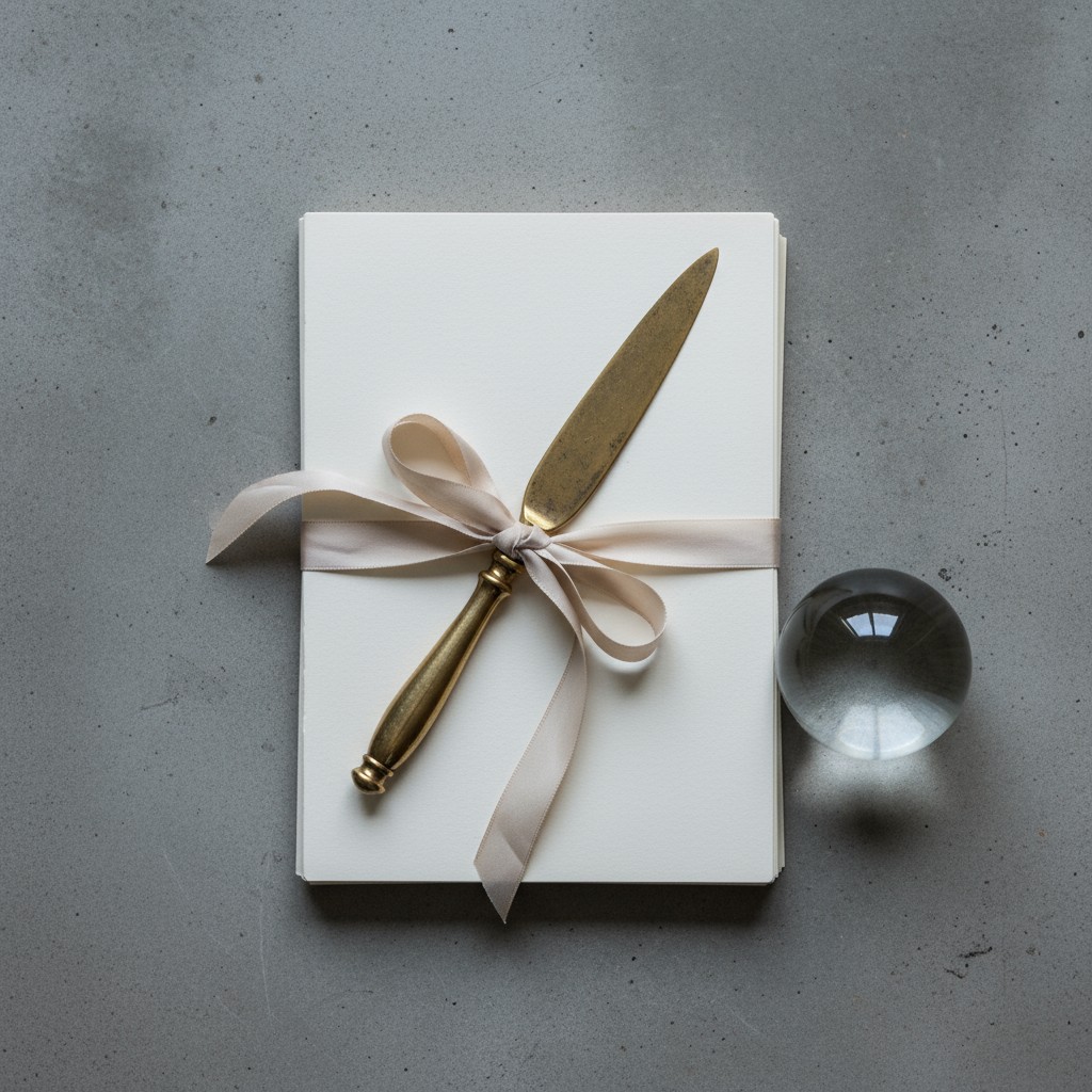 A book with a ribbon tied around it, and a small sphere to the right. The sphere appears to be made of glass and reflects ...
