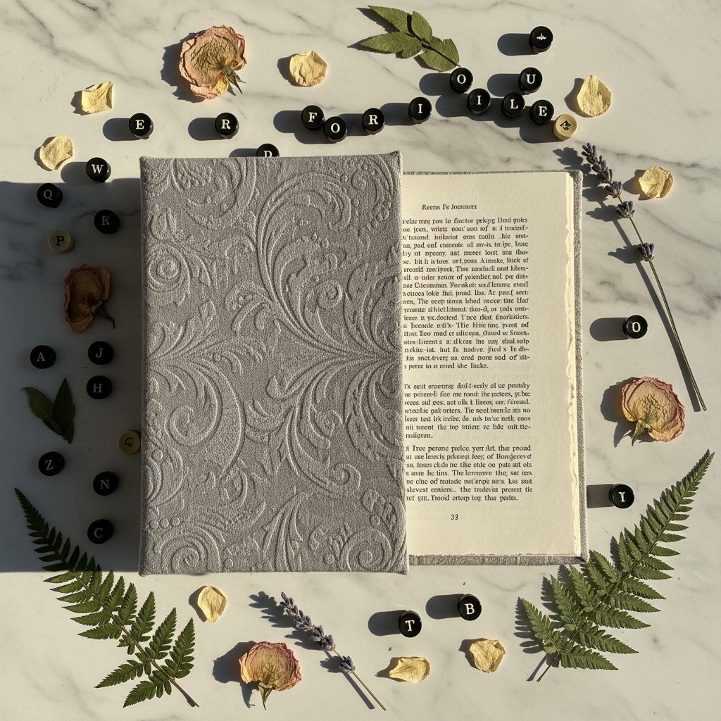 An open book with various words written in and around it, along with some leaves and flowers. The book is tan with tan lea...