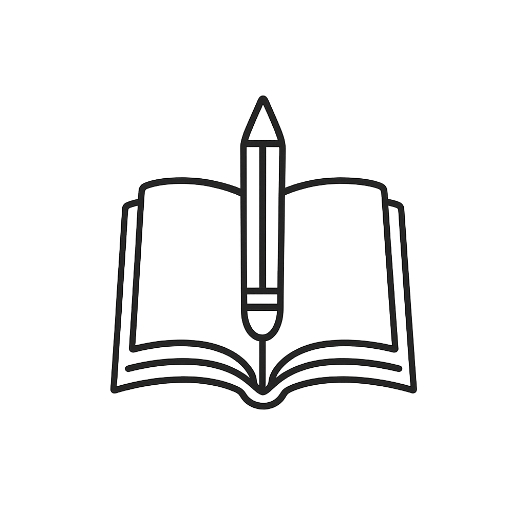 A line drawing of an open book and a pencil in the middle.